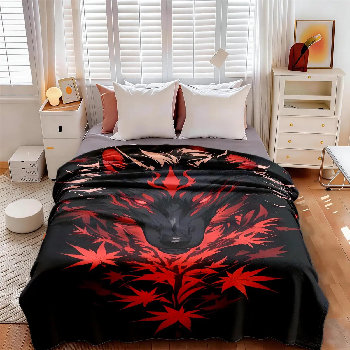 Maple Leaf Wolf Theme Flannel Blanket, Soft Throw Blanket, Decorative Blanket, Large Size, Soft and Lightweight, Perfect for All Seasons, Ideal Gift for Family, Cozy Throw Blankets