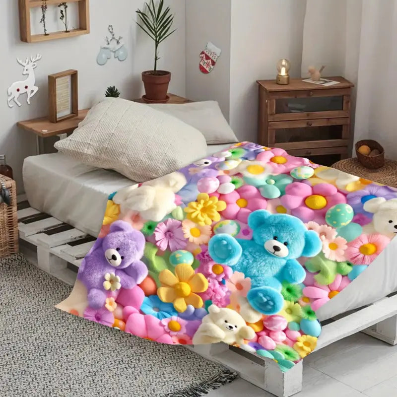 2D Teddy Pastel Floral Print Throw Blanket - Kawaii Plush Super Soft Cozy Aesthetic Throw for Bedroom Room Decor, Whimsical Home Decor Item, Cool Gift for Kids