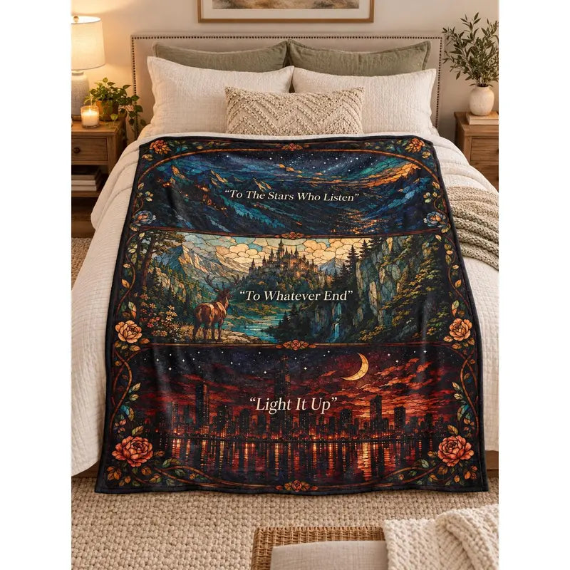 SJM Universe Mashup Throw Blanket - Bookish Gifts for Fantasy Readers - ACOTAR Throne of Glass Crescent City Merch - To The Stars Who Listen Quote Fleece Blanket