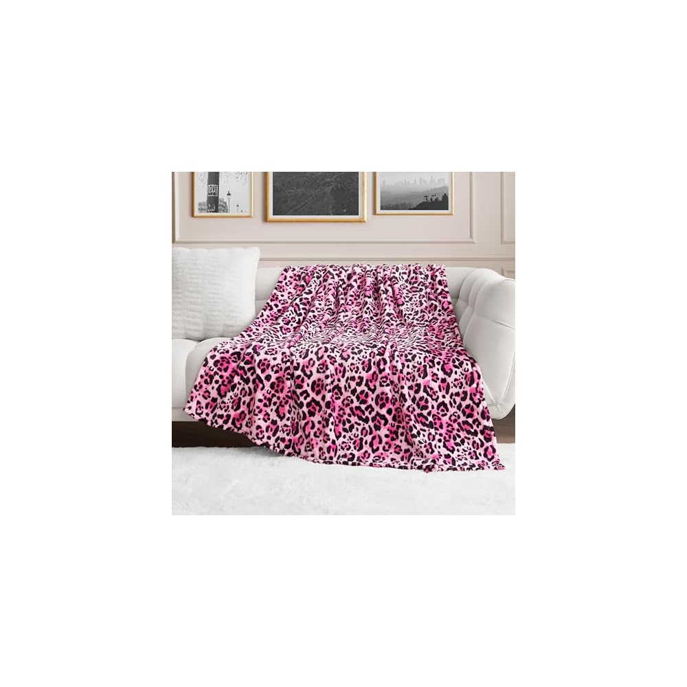 60" x 90" Oversized Plush Throw Blanket, Leopard Pink Designer Bed Blanket