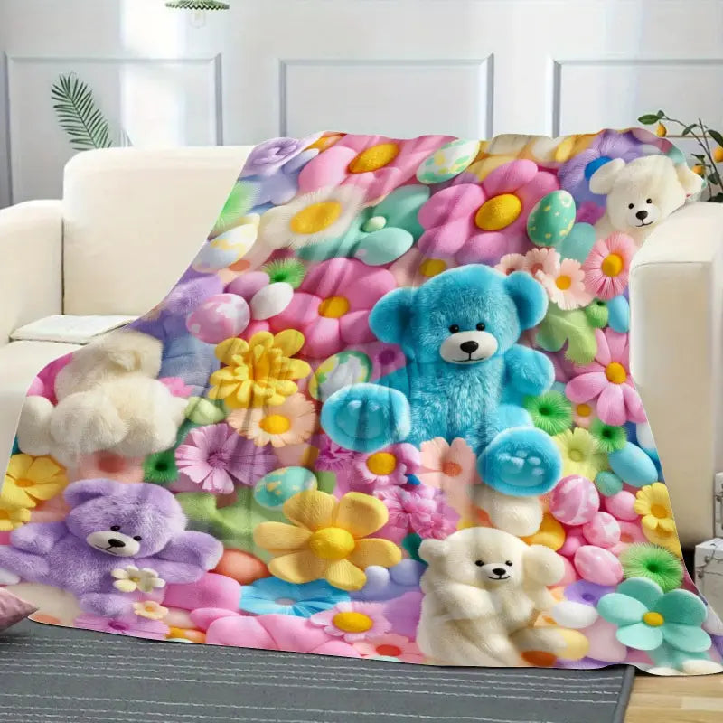 2D Teddy Pastel Floral Print Throw Blanket - Kawaii Plush Super Soft Cozy Aesthetic Throw for Bedroom Room Decor, Whimsical Home Decor Item, Cool Gift for Kids